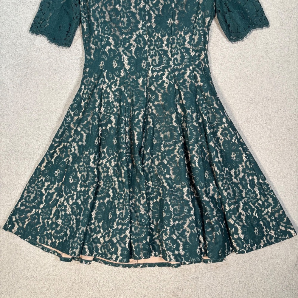 Eliza J Lace Fit N Flare Dress Size 6 Evergreen Lined Midi Illusion Lace Overlay - Picture 8 of 12